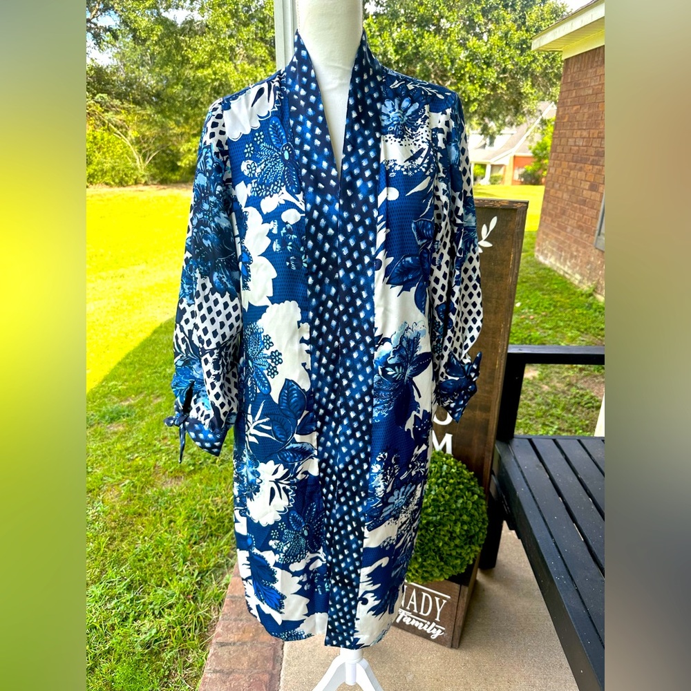 NEW Chicos Reversible Duster Floral Long Jacket Boho Colorful Lightweight Size S